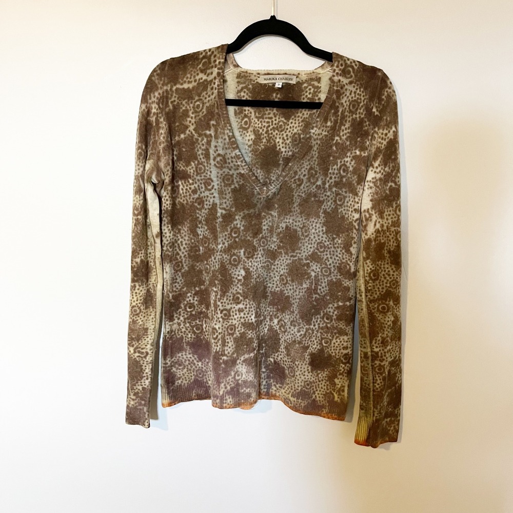 MARIKA‎ CHARLES Cashmere V Neck Sweater Animal abstract Print Brown Beige Size 3